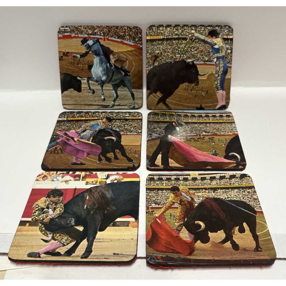 Coasters Matador Bull Fighting  With Red Felt Bottoms‎ Set Of 6 Vintage Spain